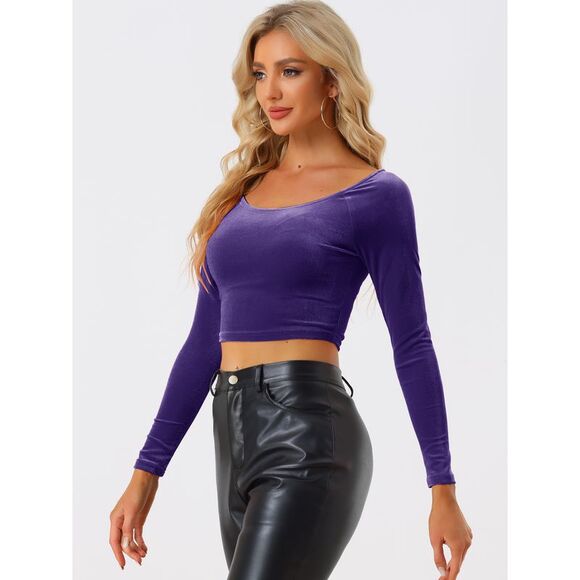Velvet Long Sleeve Off Shoulder Solid Crop Top Dark Purple - Picture 2 of 6